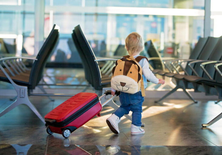 Children, traveling together, waiting at the airport to board the aircraft